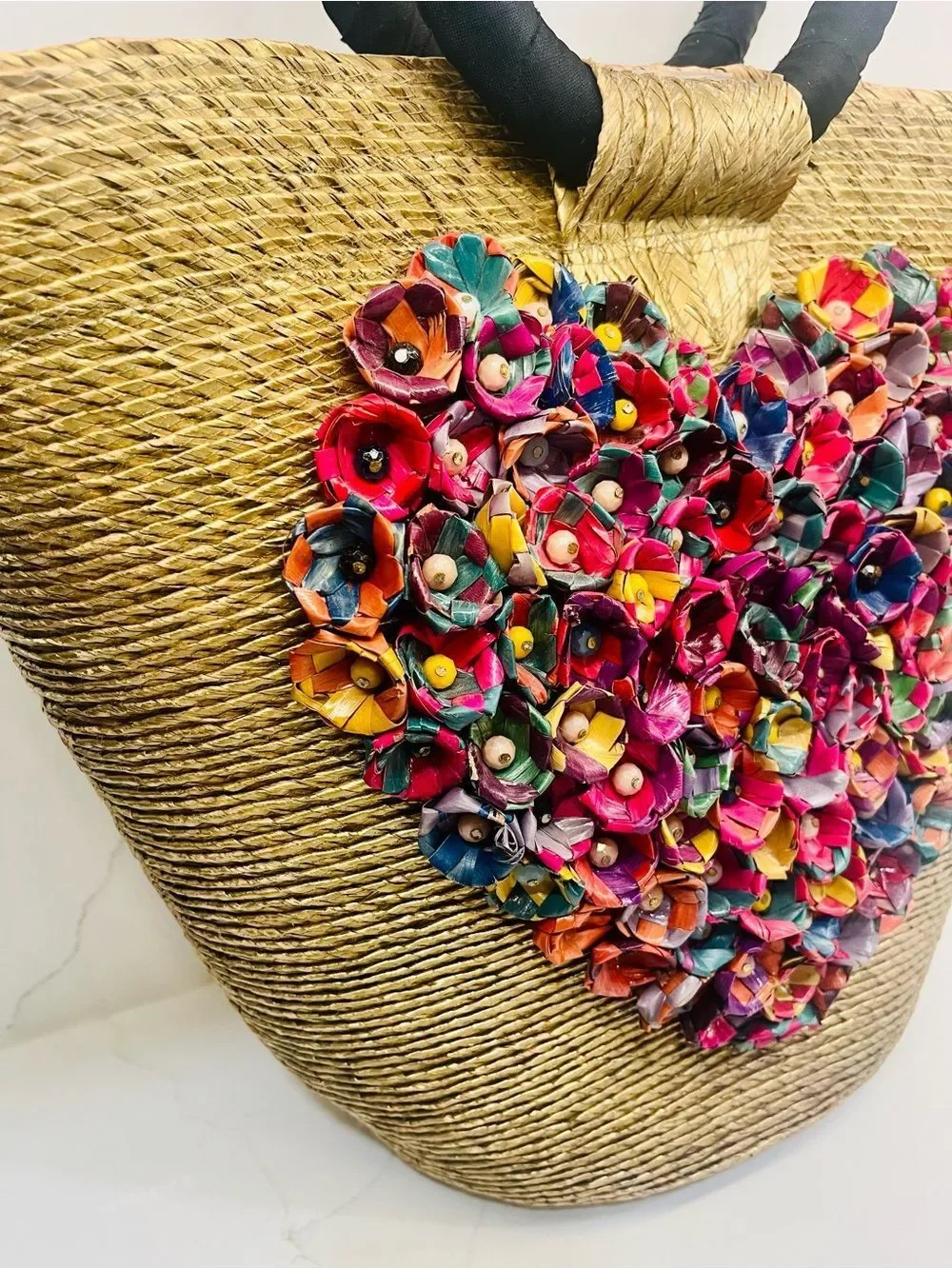 Floral Heart Straw Tote Bag | Handmade Statement Beach Market Bag
